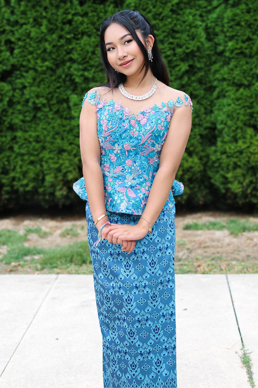 Oceana Lace Set — Blue Lace Top + Pattern Skirt