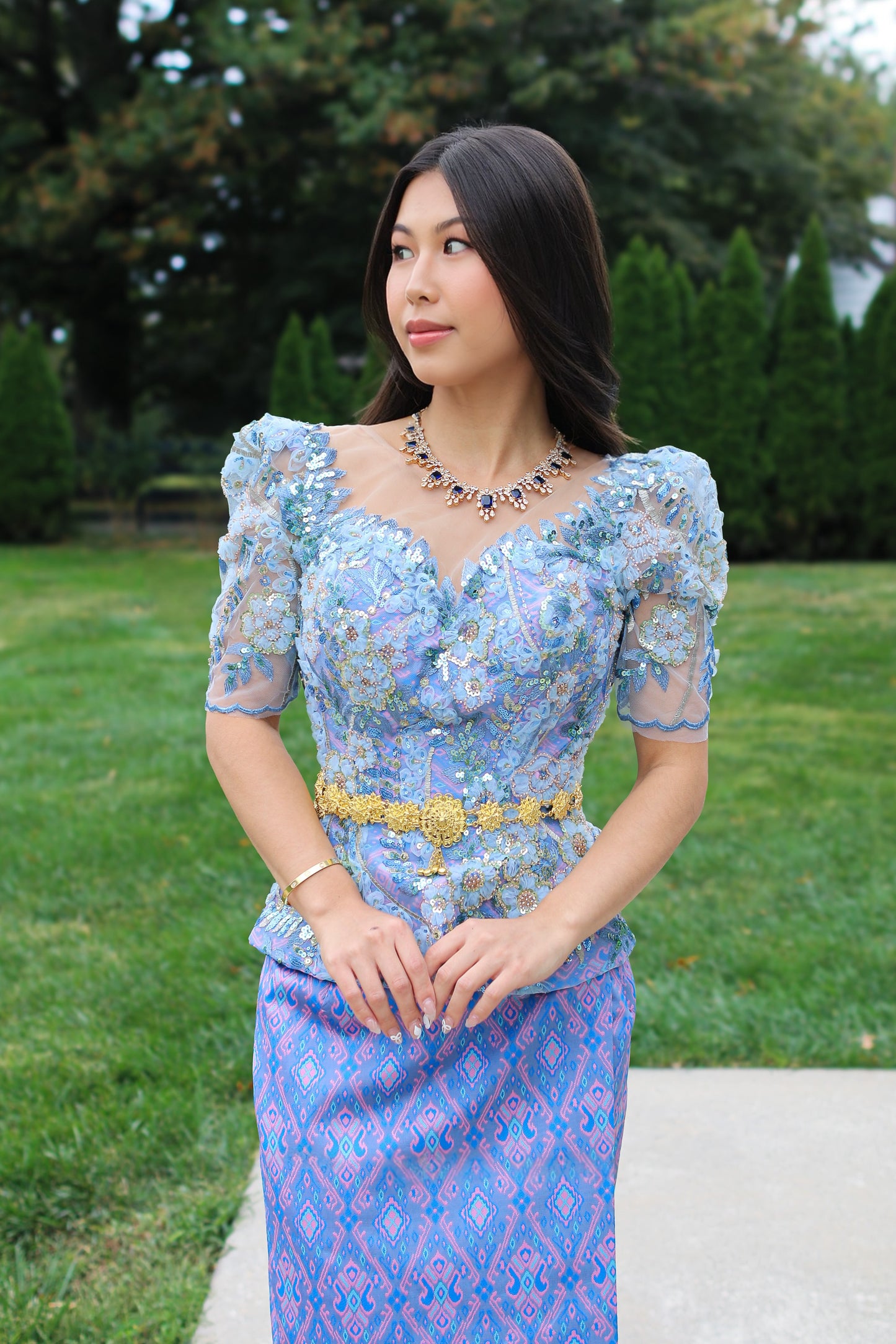Avaloria Set — Ice-Blue Floral Top + Orchid Skirt