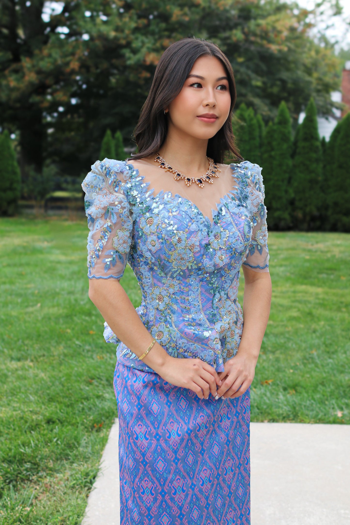 Avaloria Set — Ice-Blue Floral Top + Orchid Skirt
