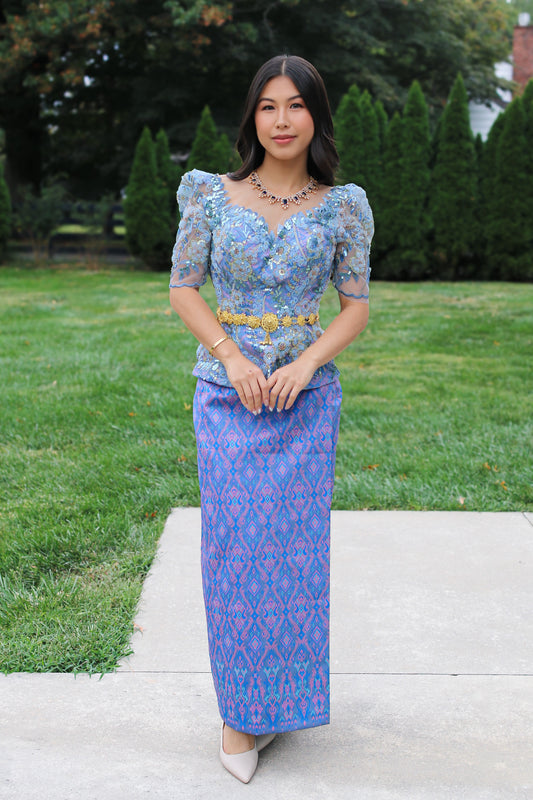 Avaloria Set — Ice-Blue Floral Top + Orchid Skirt