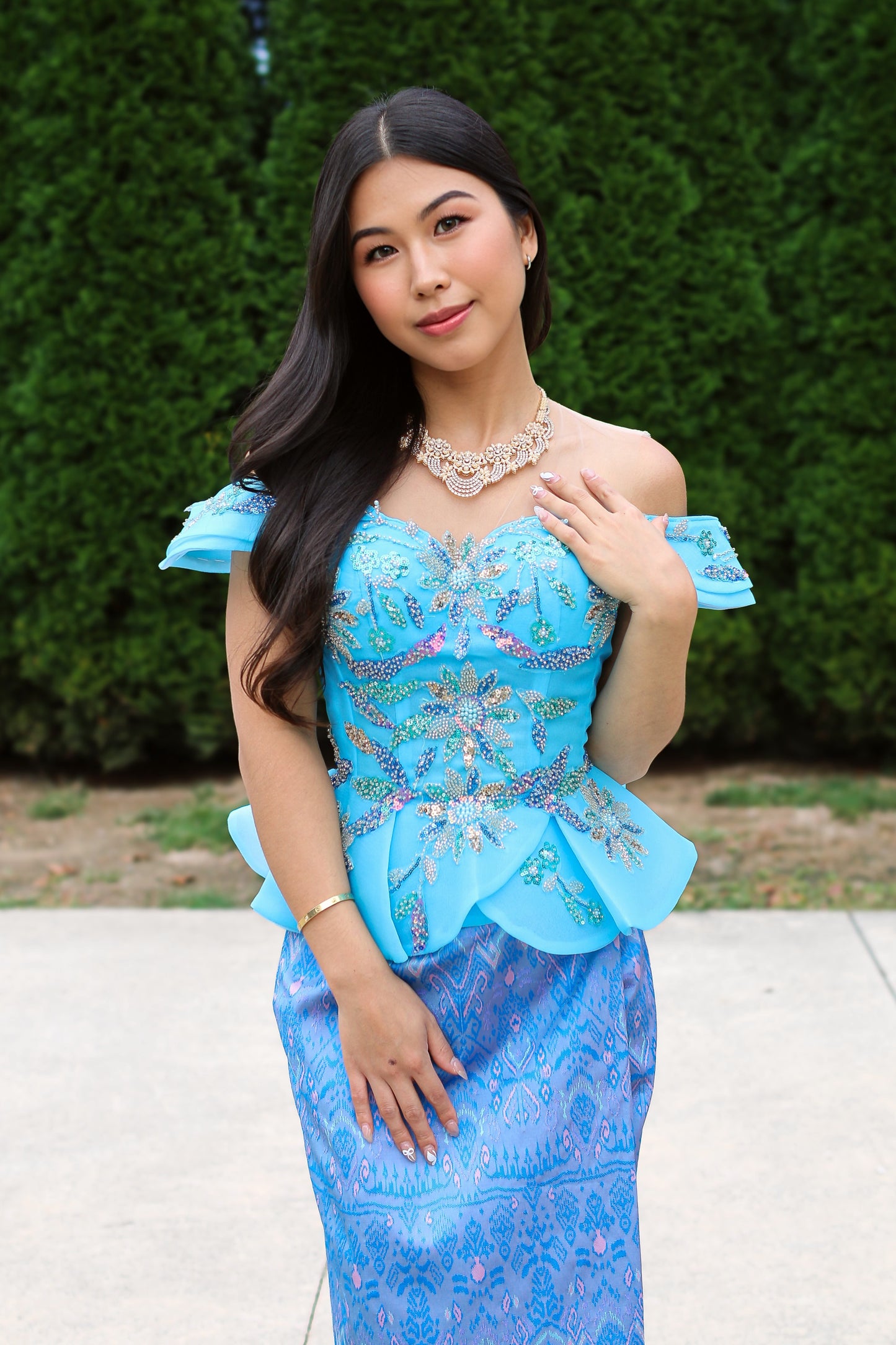 Jasmine Set — Aqua Ruffle Top + Pattern Skirt