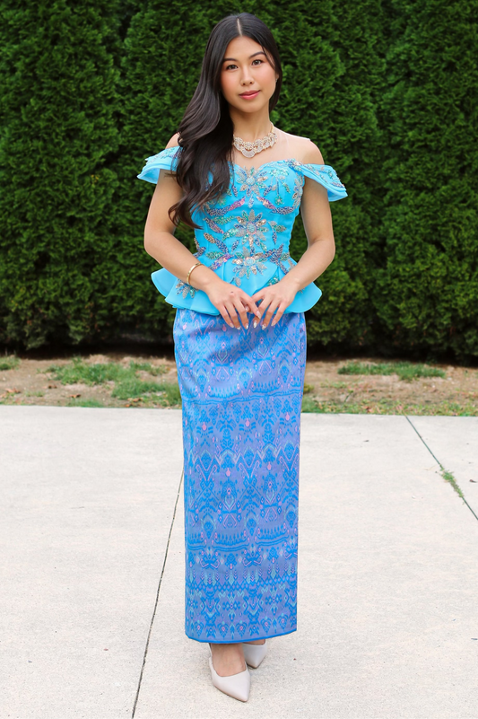 Jasmine Set — Aqua Ruffle Top + Pattern Skirt