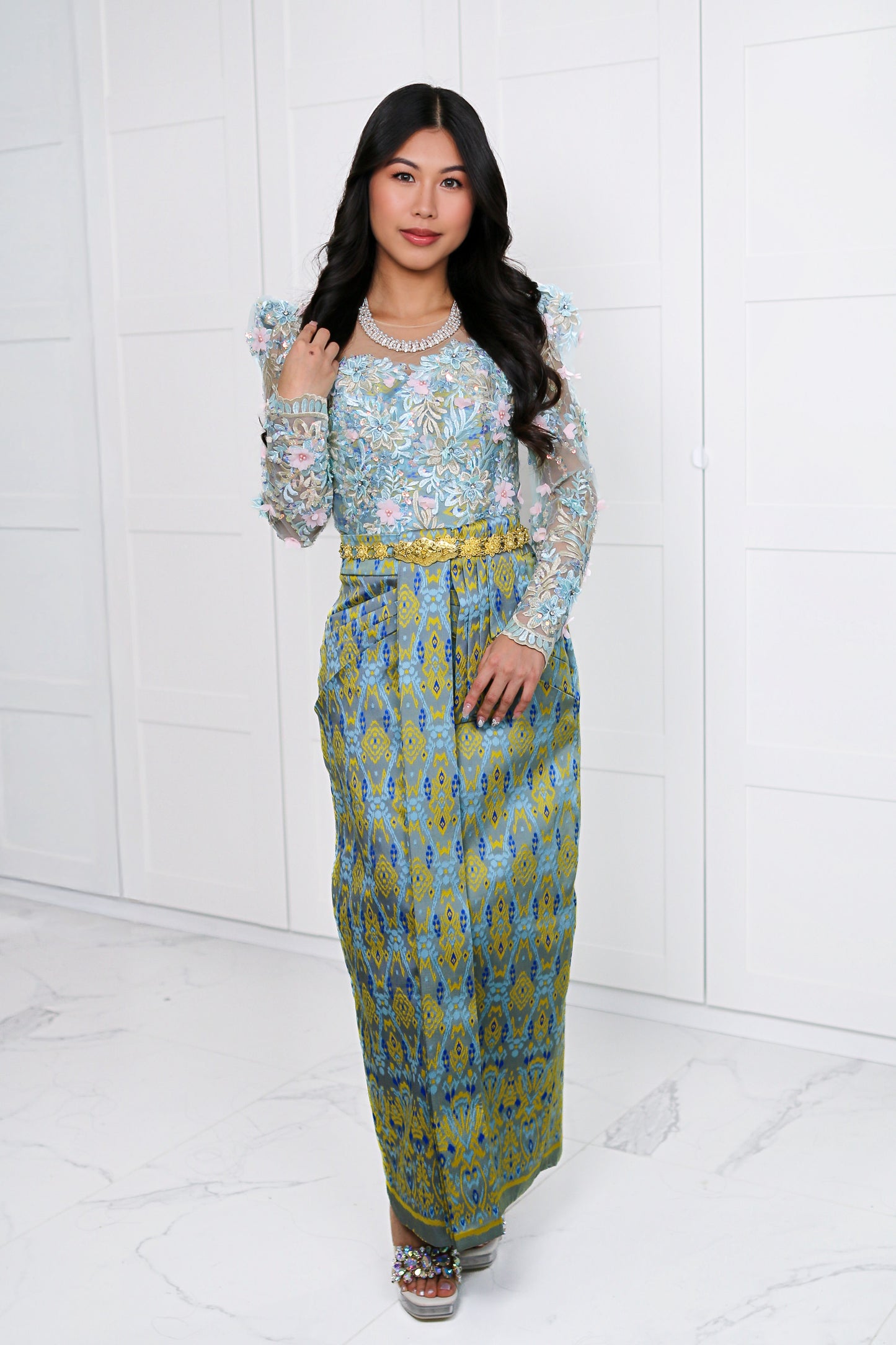 Tiana’s Bayou Bloom — Jade Top + Golden-Green Skirt