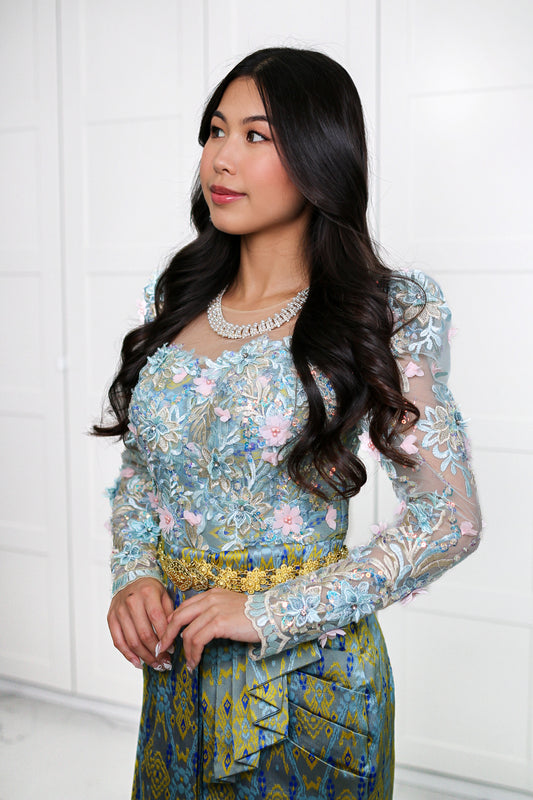 Tiana’s Bayou Bloom — Jade Top + Golden-Green Skirt