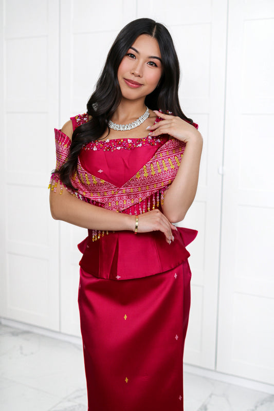 Daughter of Hearts Set — Rose-Crimson Top + Satin Skirt