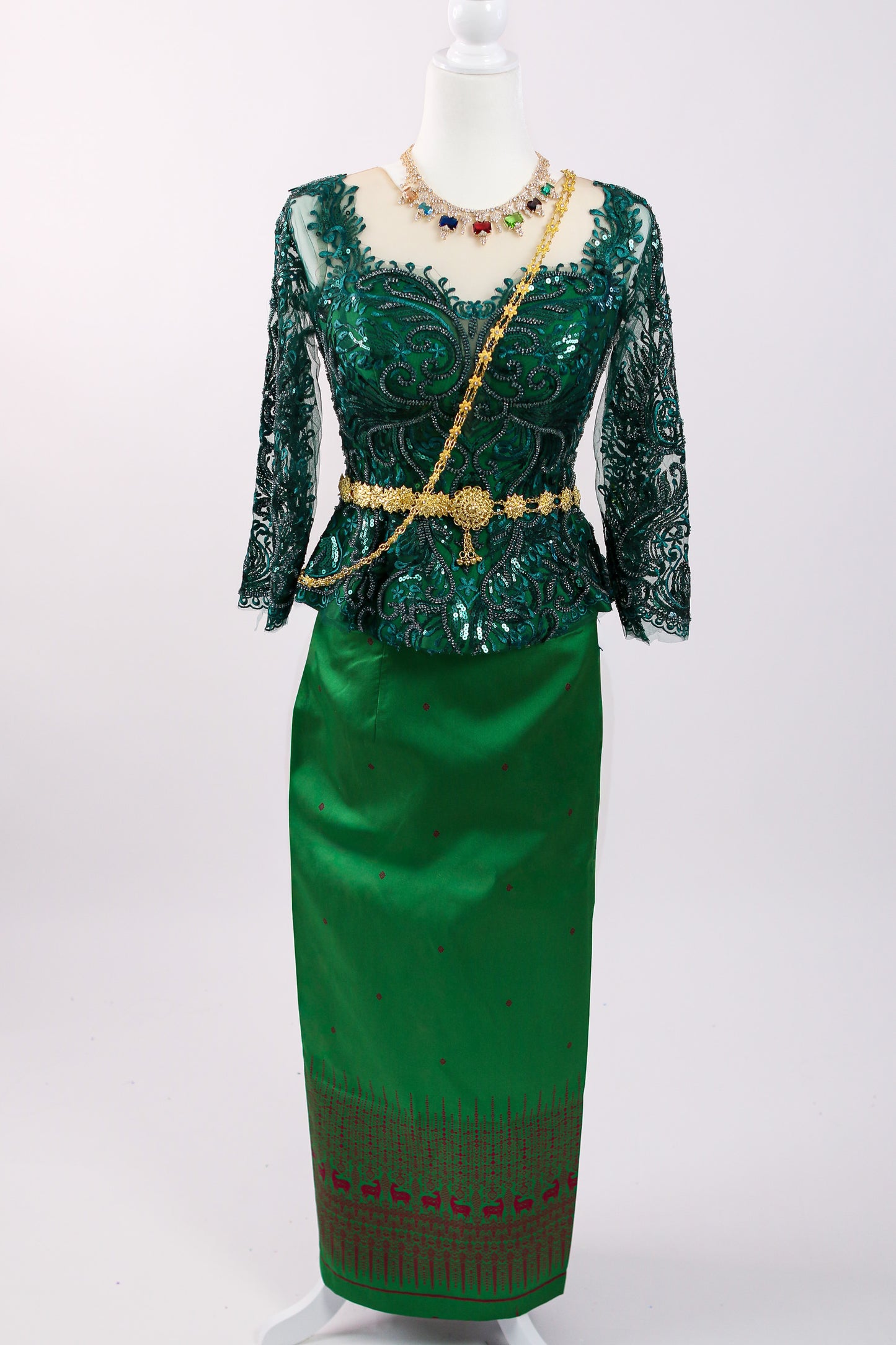 Ivy Emerald Set — Dark Green Lace Top + Pattern Skirt