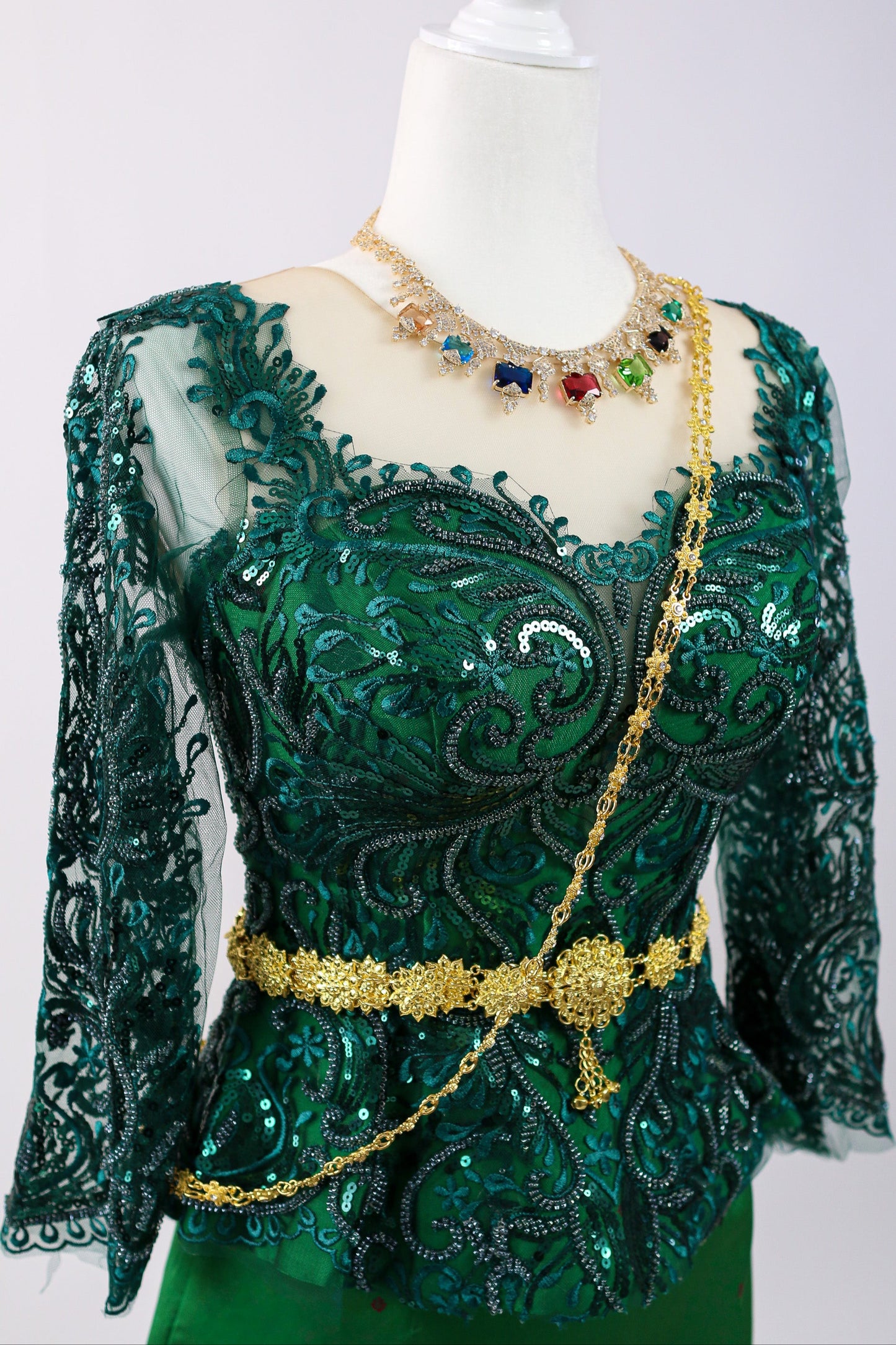 Ivy Emerald Set — Dark Green Lace Top + Pattern Skirt