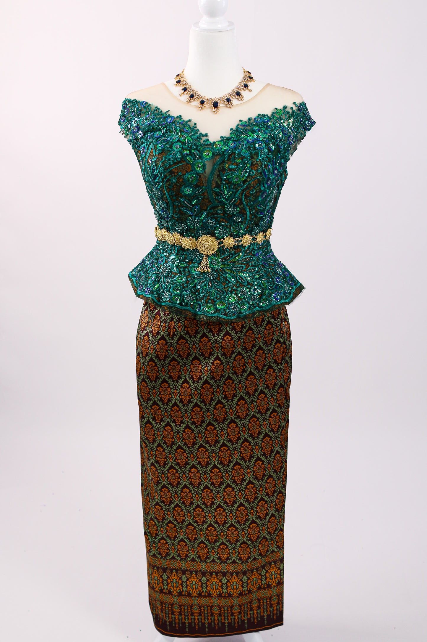 Eden Set — Green Lace Top + Brown Pattern Skirt