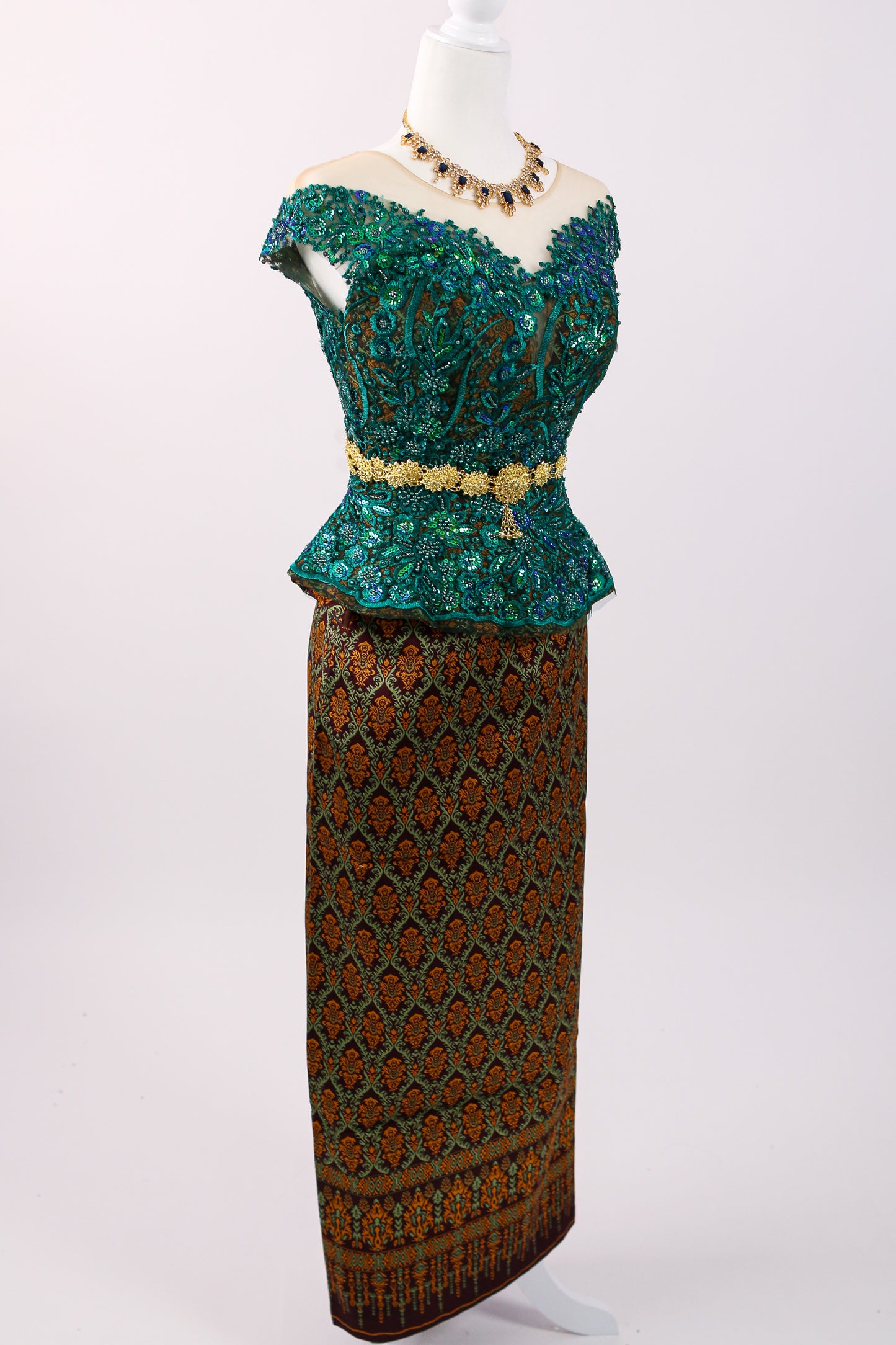 Eden Set — Green Lace Top + Brown Pattern Skirt