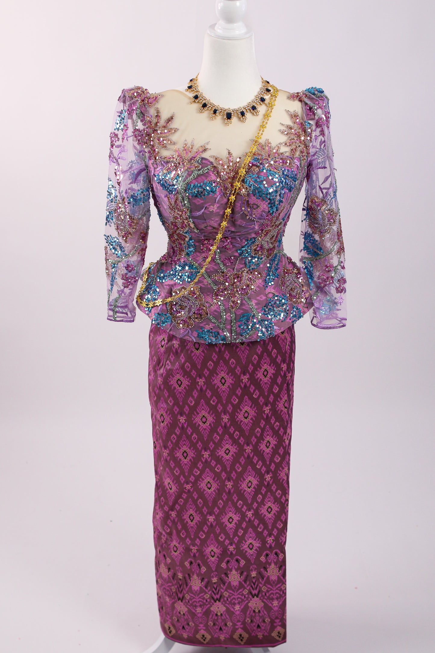 Starlit Set — Beaded Lace Top + Magenta Pattern Skirt