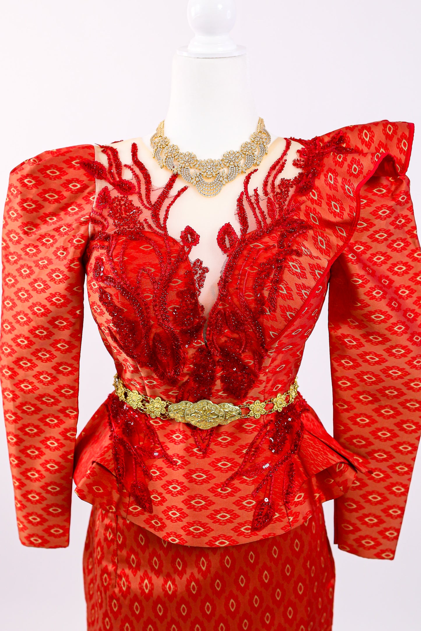 Phoenix Rouge Set — 3D Feather Silk Top + Border Skirt