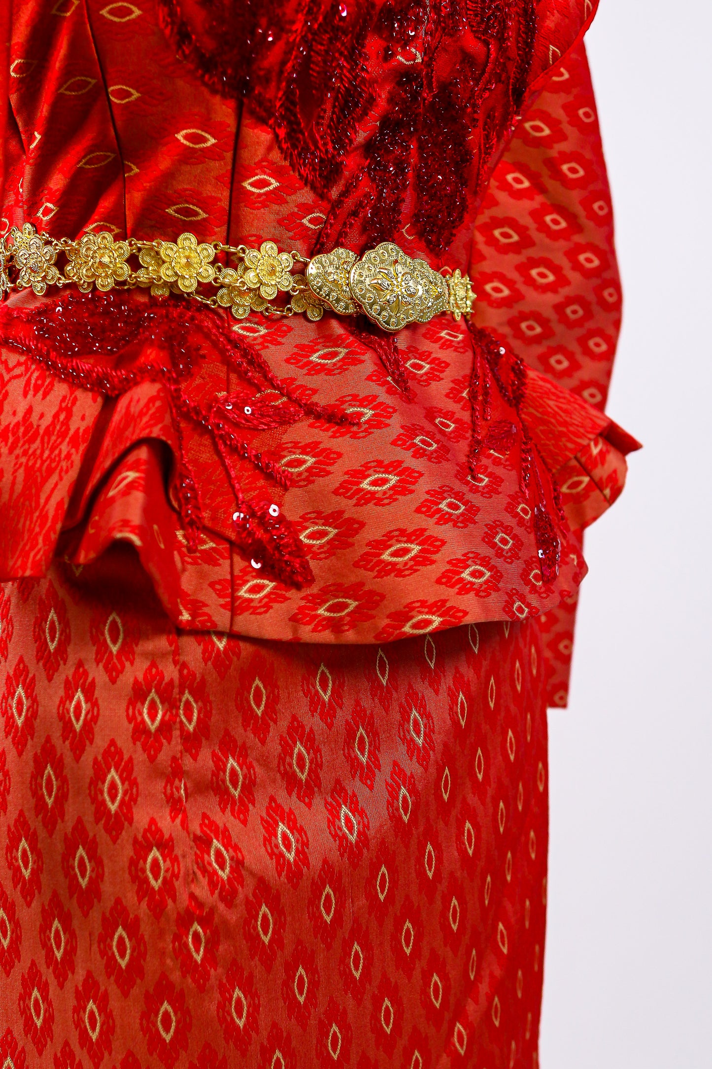 Phoenix Rouge Set — 3D Feather Silk Top + Border Skirt