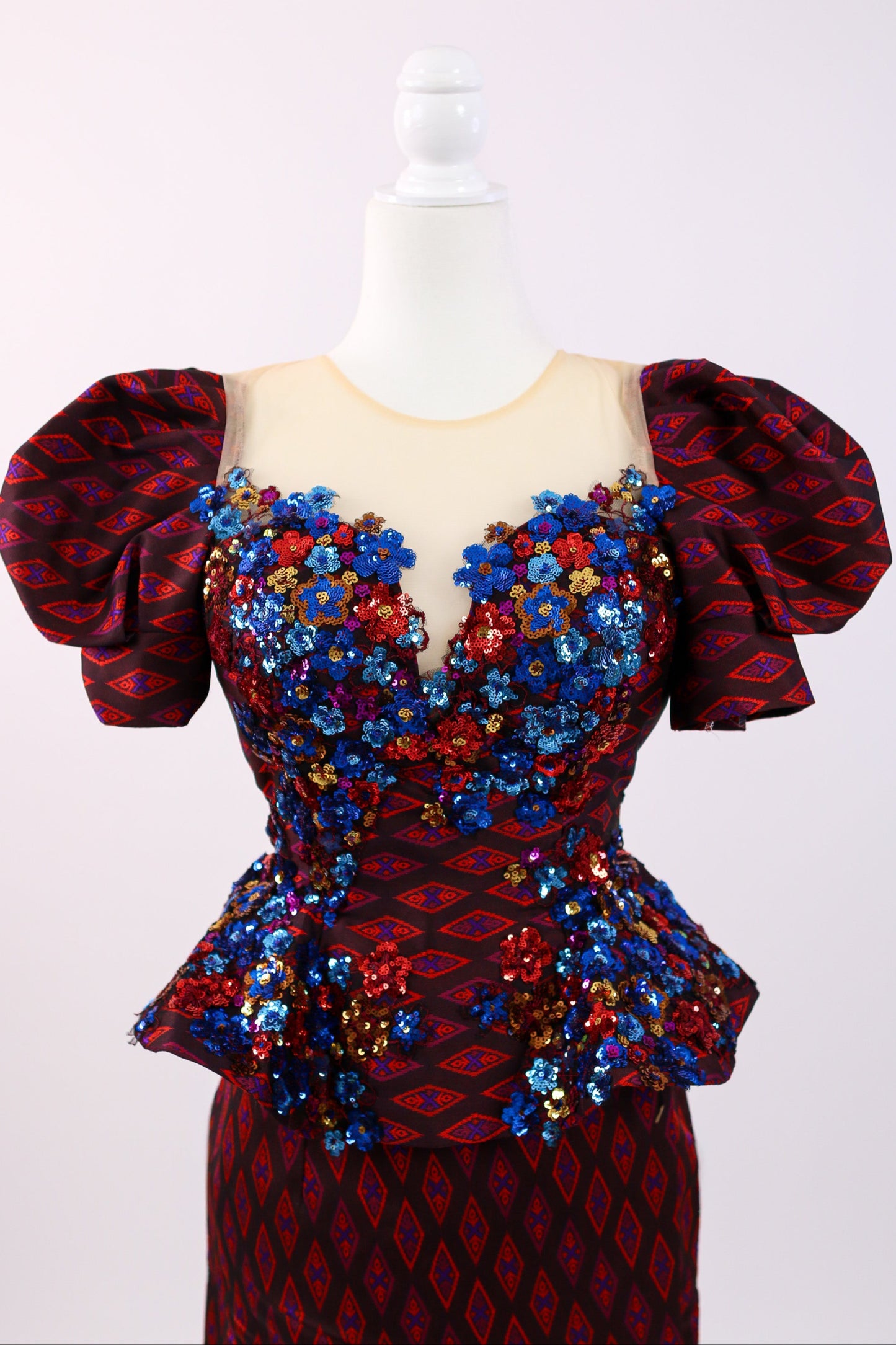 Ember Set — Navy-Beaded Top + Red Pattern Skirt