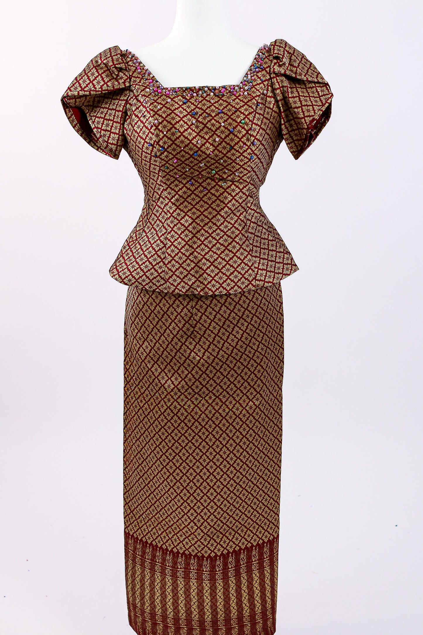 Maroon Royale Set — Brocade Top + Pattern Skirt