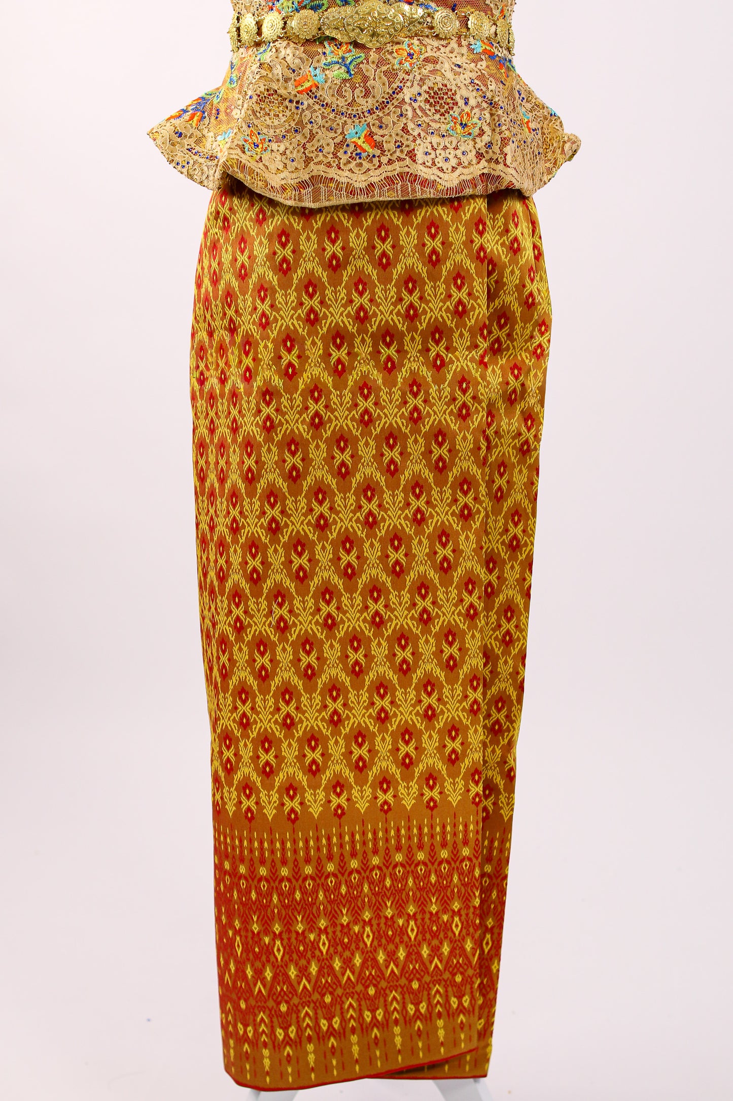 Sovann Muse Set — Gold Beaded Top + Pattern Skirt