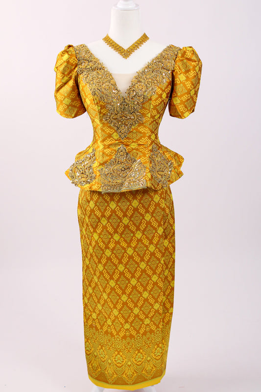 Daystar Gold Set — Puff-Sleeve Beaded Top + Pattern Skirt