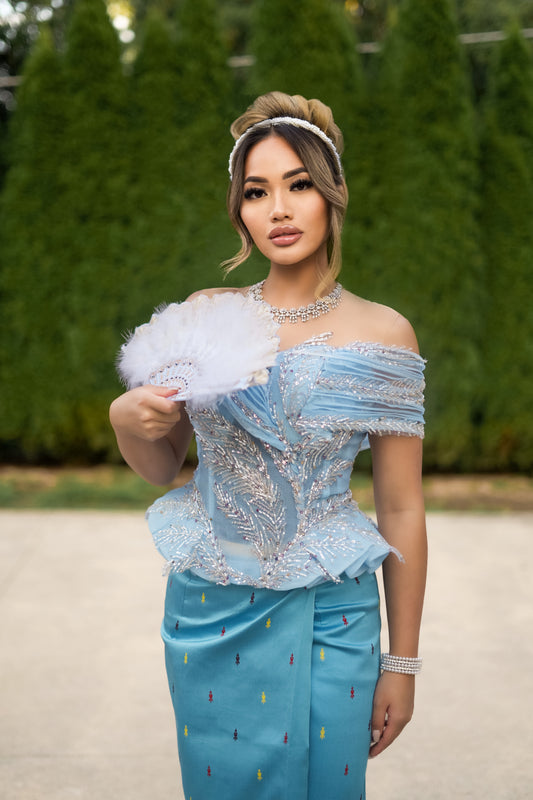 Rella Ruffle Set — Light Blue Peplum Top + Pattern Skirt