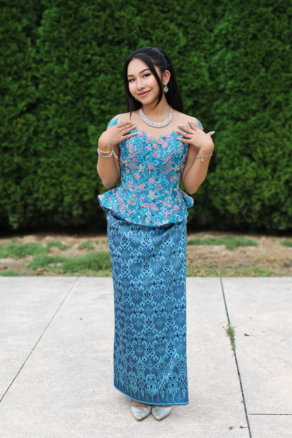 Oceana Lace Set — Blue Lace Top + Pattern Skirt