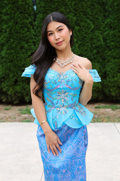 Jasmine Set — Aqua Ruffle Top + Pattern Skirt