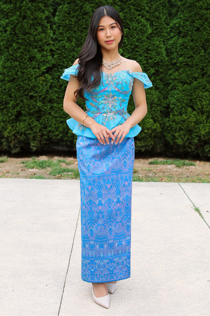 Jasmine Set — Aqua Ruffle Top + Pattern Skirt
