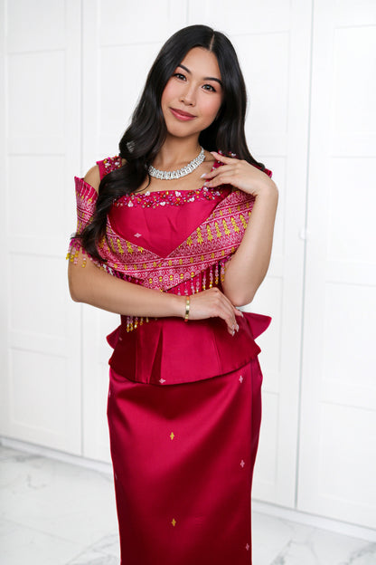 Daughter of Hearts Set — Rose-Crimson Top + Satin Skirt