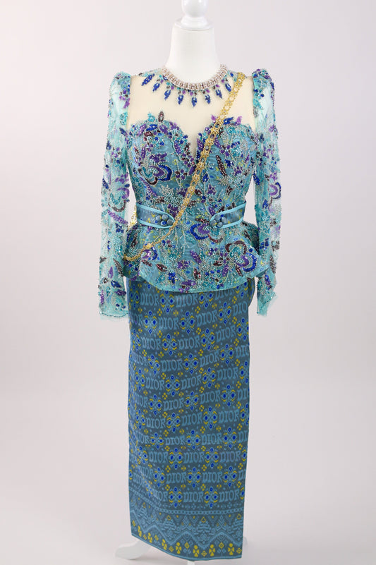 Delphine Lace Set — Blue Lace Top + Pattern Skirt