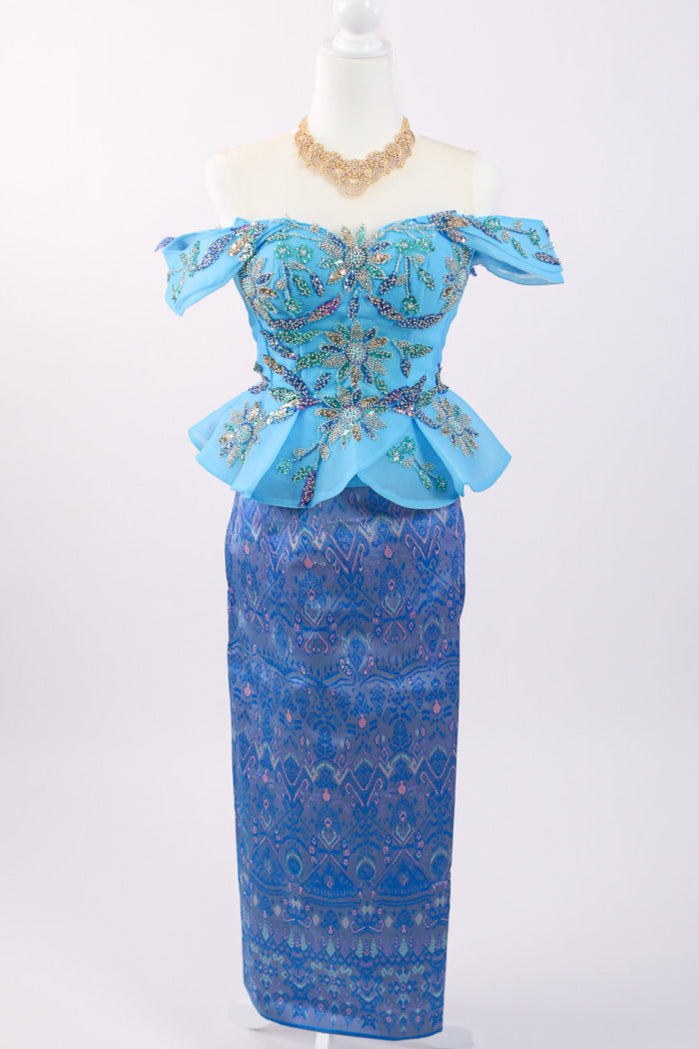 Jasmine Peplum Set — Aqua Ruffle Top + Pattern Skirt