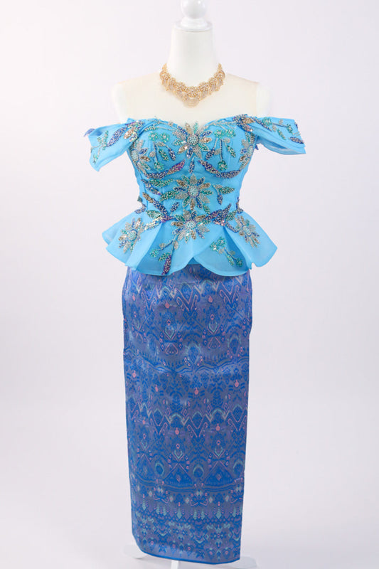 Jasmine Peplum Set — Aqua Ruffle Top + Pattern Skirt