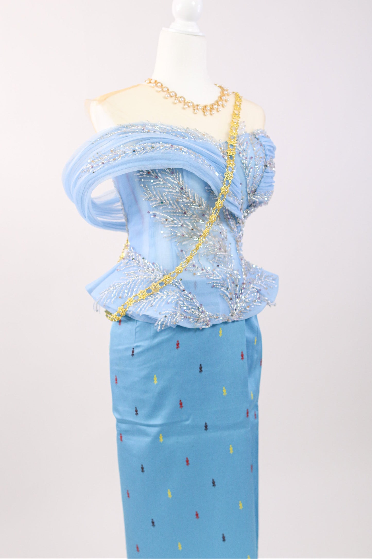 Rella Ruffle Set — Light Blue Peplum Top + Pattern Skirt