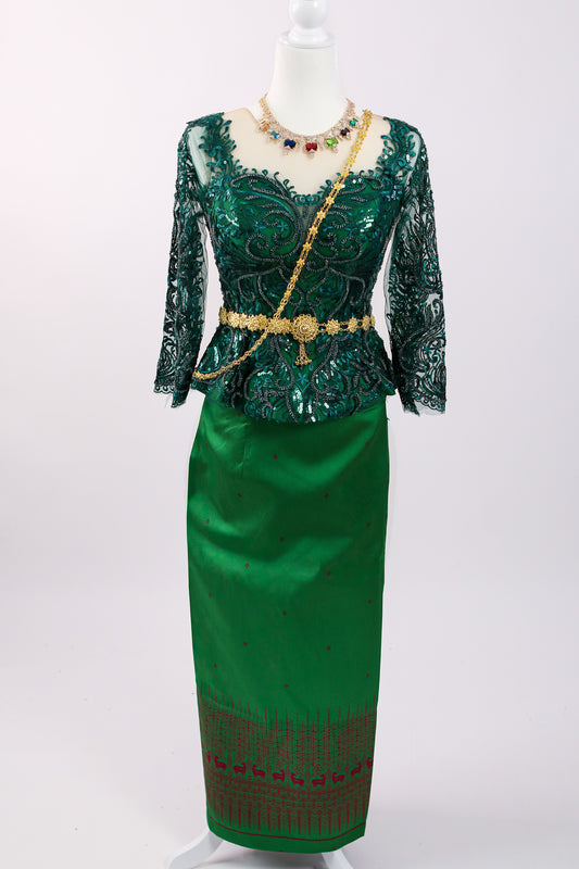 Ivy Emerald Set — Dark Green Lace Top + Pattern Skirt