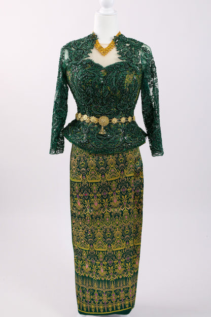 Angkor Emerald Set — Green Lace Top + Pattern Skirt