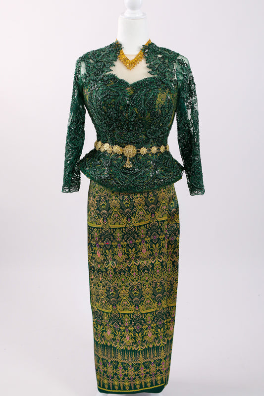 Angkor Emerald Set — Green Lace Top + Pattern Skirt