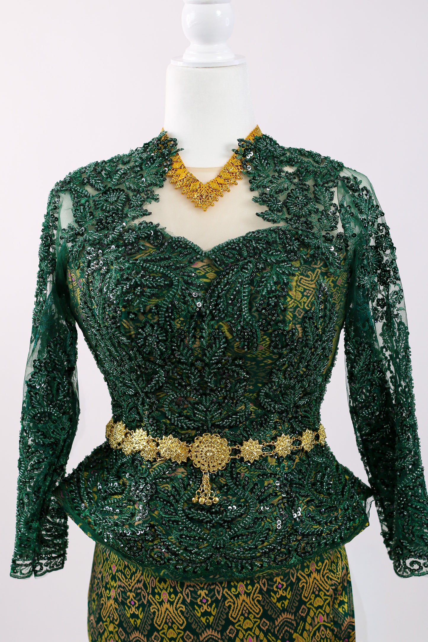 Angkor Emerald Set — Green Lace Top + Pattern Skirt