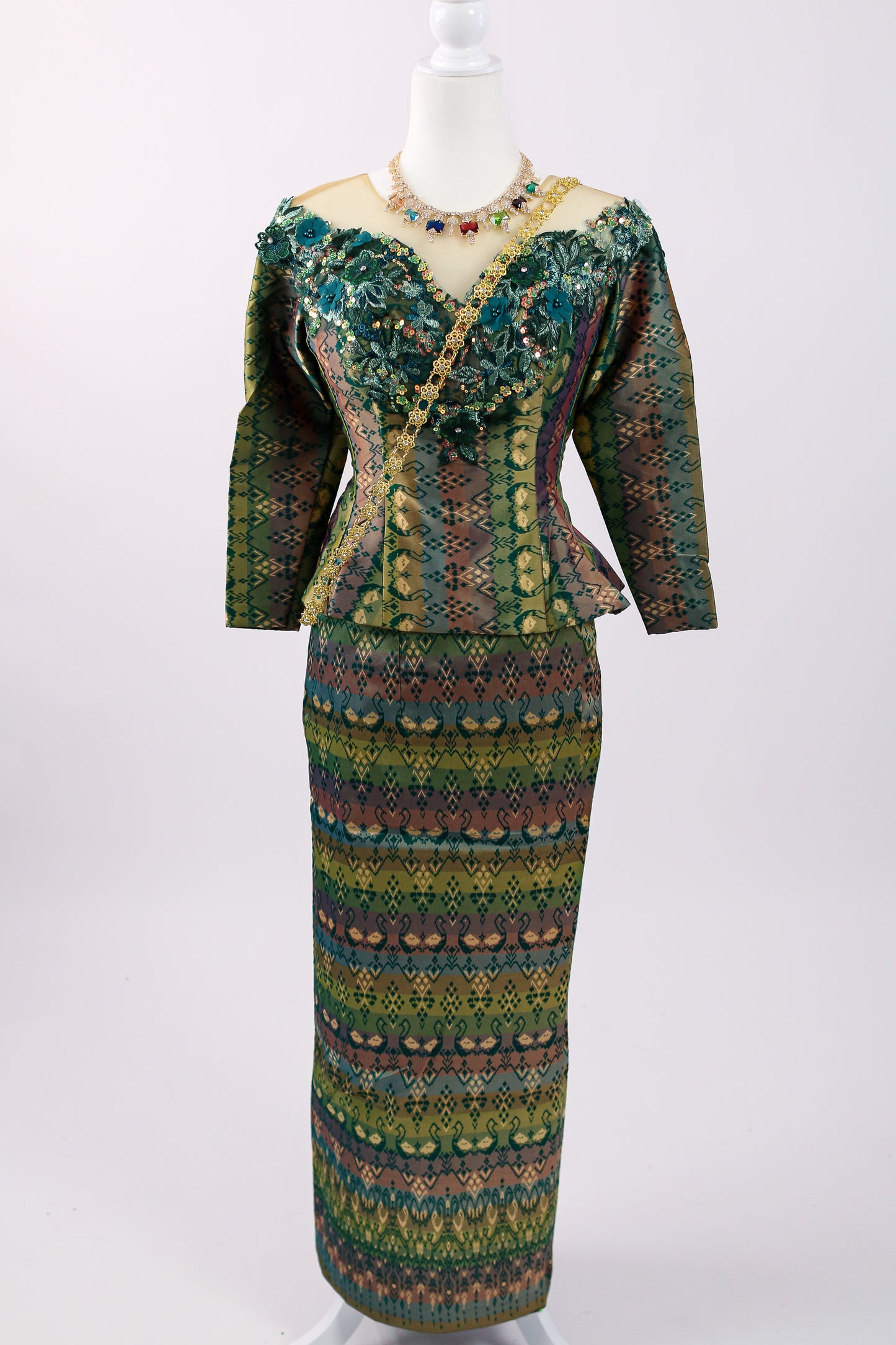 Labrinth Set — Teal-Green Beaded Top + Stripe Pattern Skirt
