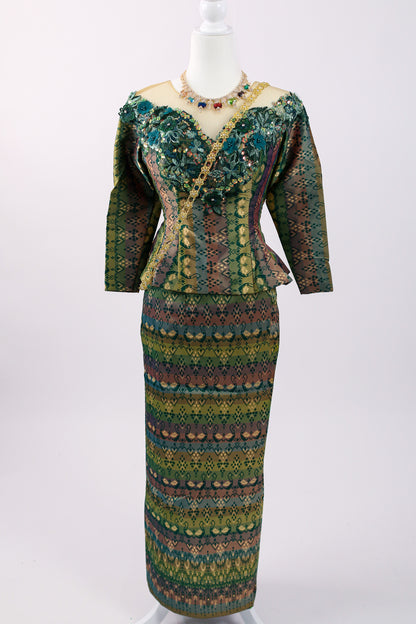 Labrinth Set — Teal-Green Beaded Top + Stripe Pattern Skirt