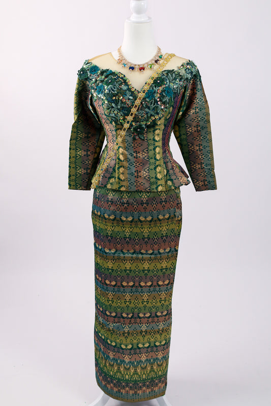 Labrinth Set — Teal-Green Beaded Top + Stripe Pattern Skirt