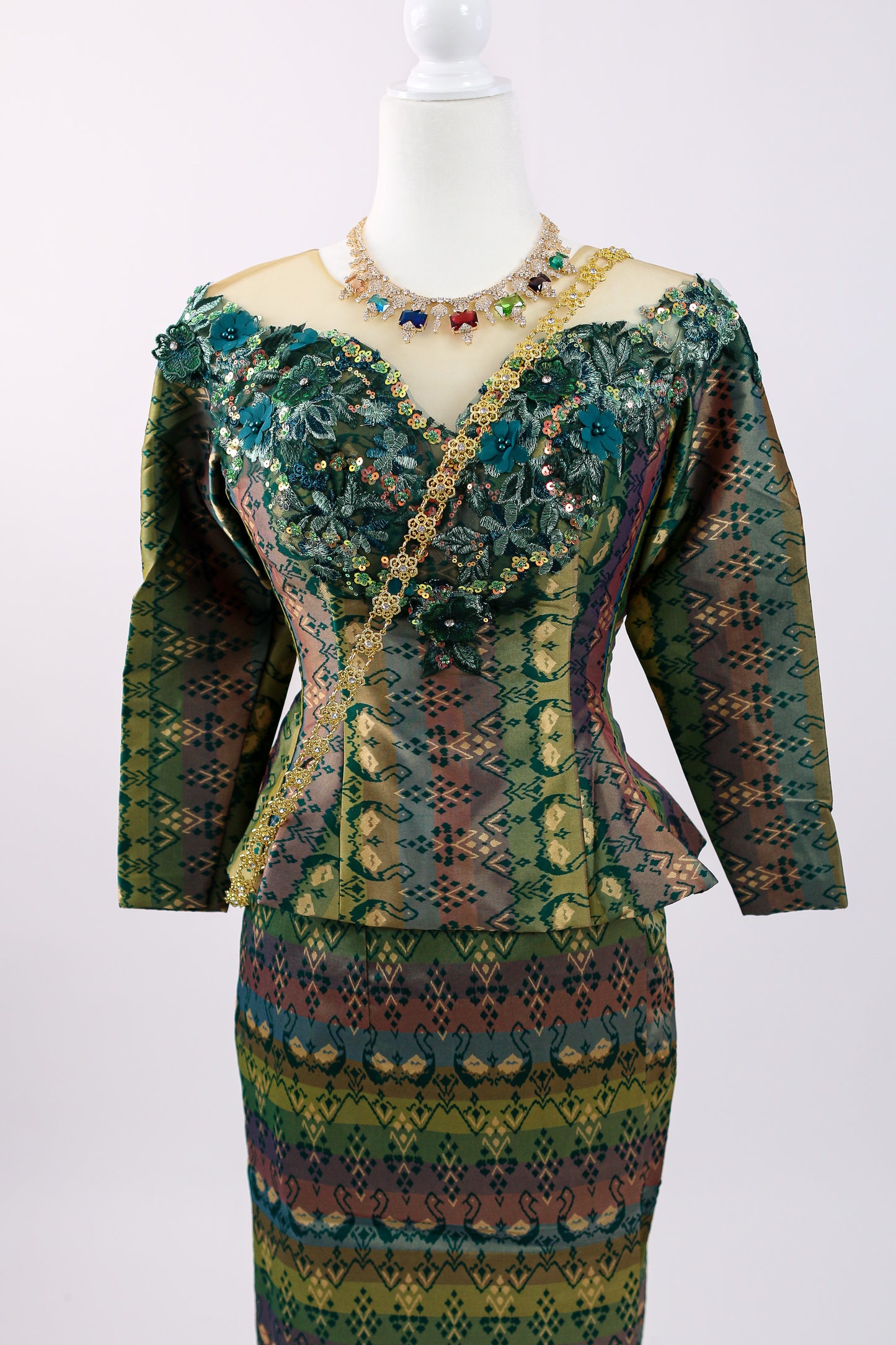 Labrinth Set — Teal-Green Beaded Top + Stripe Pattern Skirt