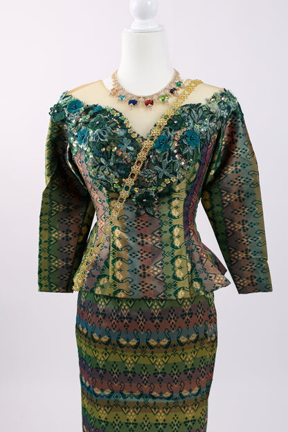 Labrinth Set — Teal-Green Beaded Top + Stripe Pattern Skirt