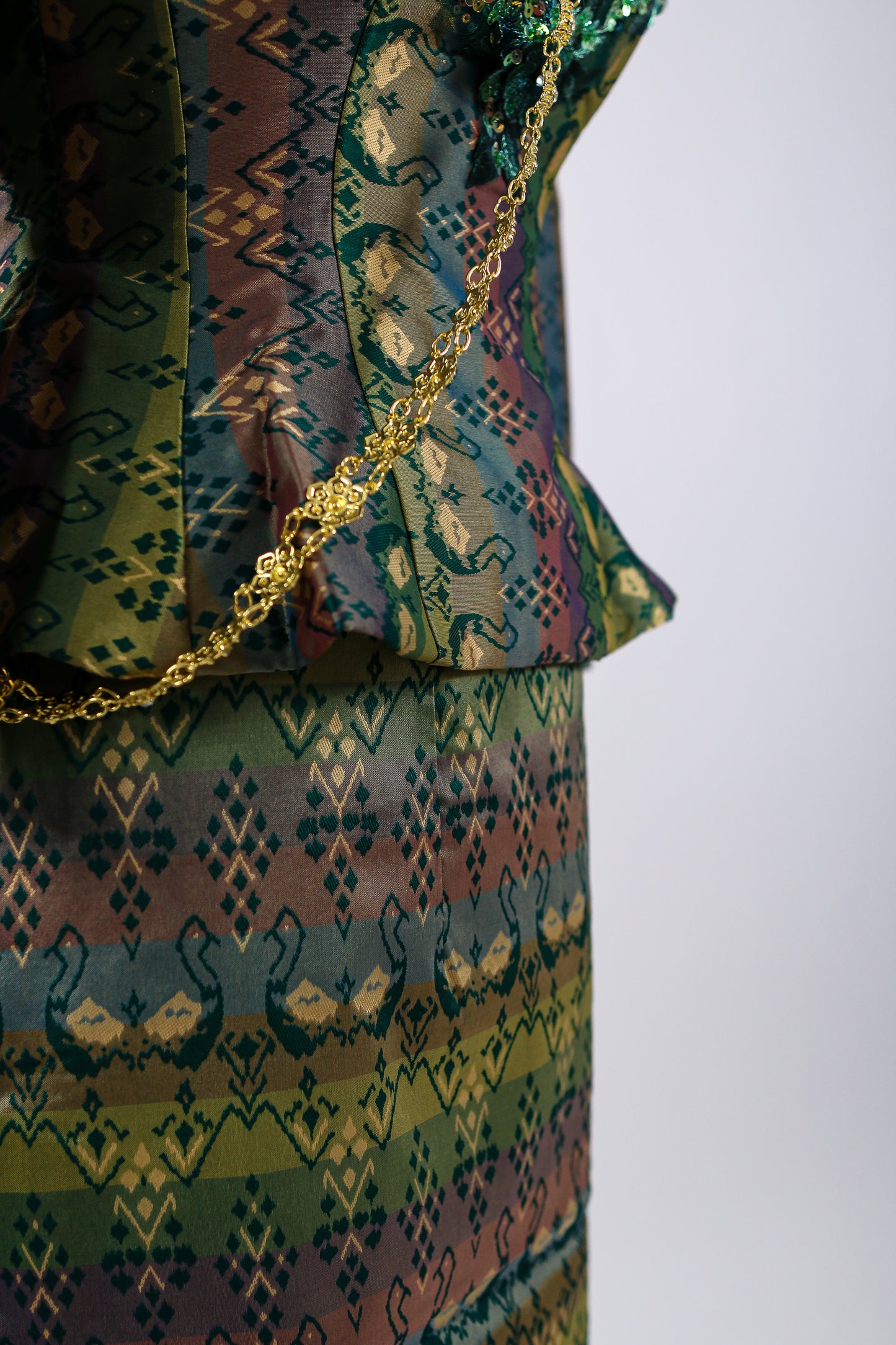 Labrinth Set — Teal-Green Beaded Top + Stripe Pattern Skirt