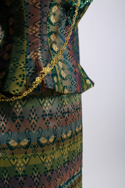 Labrinth Set — Teal-Green Beaded Top + Stripe Pattern Skirt