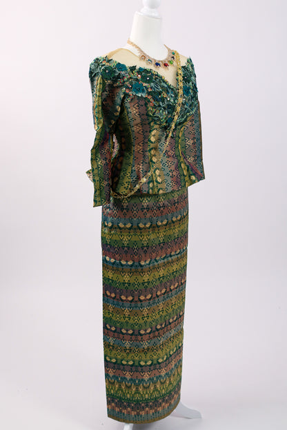Labrinth Set — Teal-Green Beaded Top + Stripe Pattern Skirt
