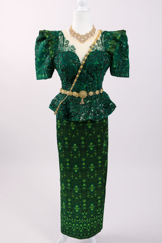 Green patterned dress with a matching skirt on a white background