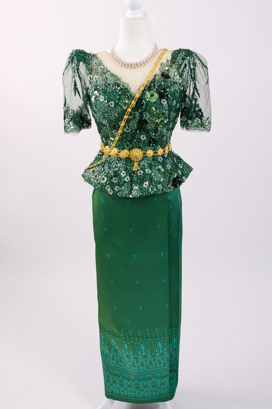 Jade Tempest Set — Green Beaded Top + Ombre Skirt