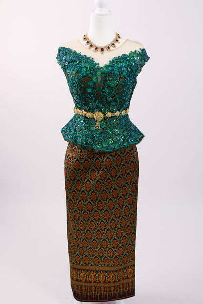 Eden Set — Green Lace Top + Brown Pattern Skirt