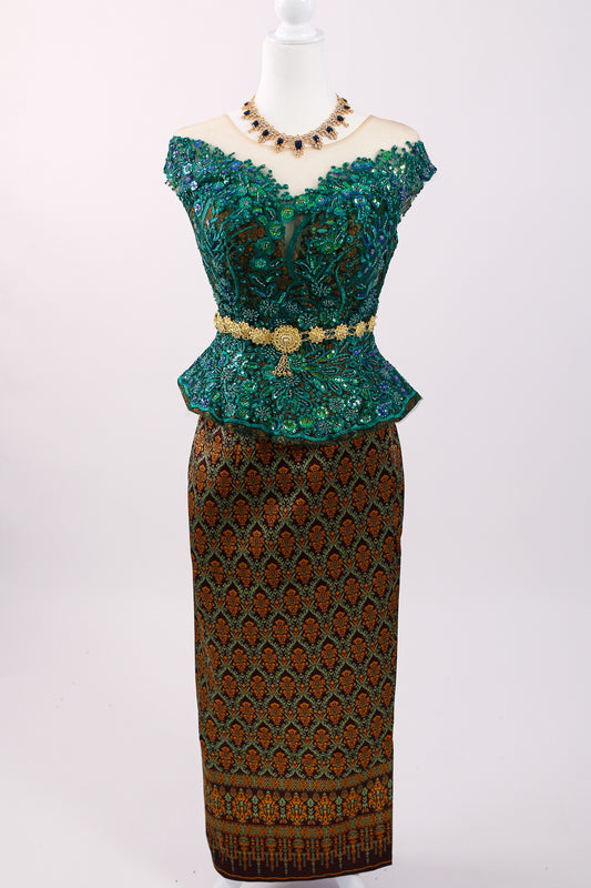 Eden Set — Green Lace Top + Brown Pattern Skirt