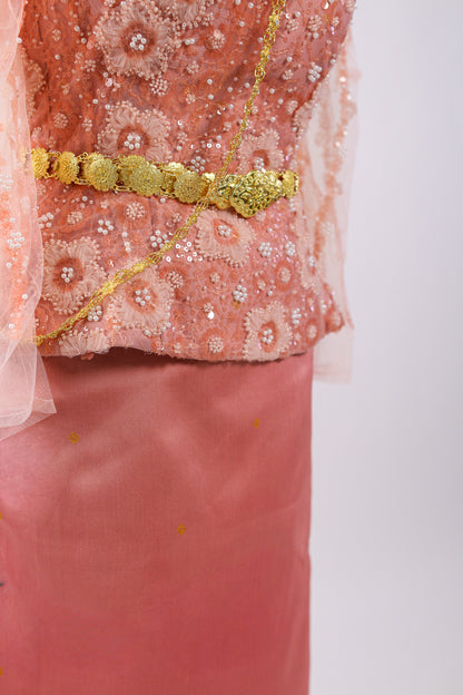 Pink traditional outfit with gold embroidery on a white background