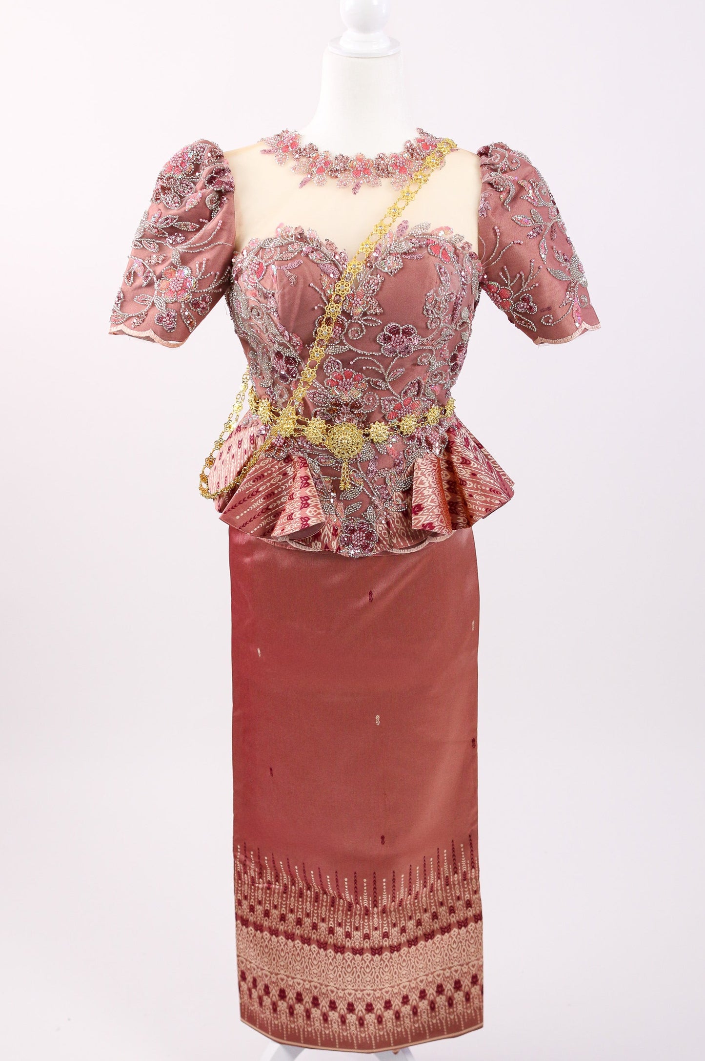 Rosé Set — Pink Beaded Top + Pattern Skirt