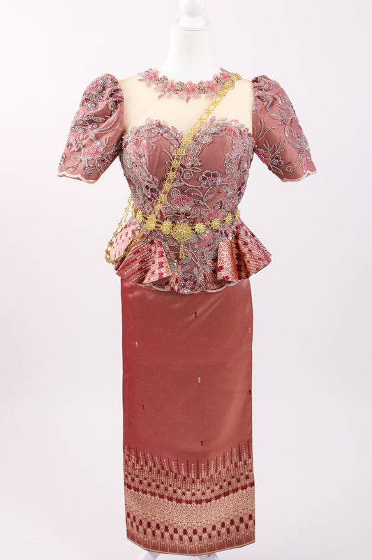Rosé Set — Pink Beaded Top + Pattern Skirt