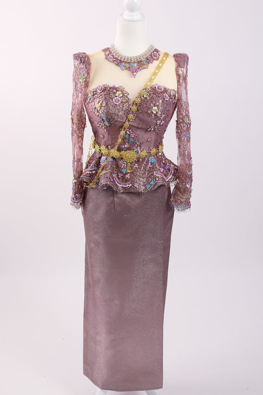 Iris Lace Set — Purple Beaded Top + Sleek Skirt