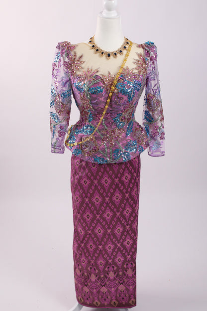 Starlit Set — Beaded Lace Top + Magenta Pattern Skirt